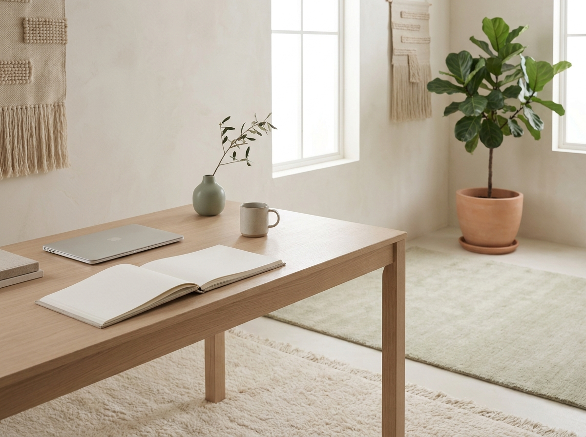 A calm creative studio desk with a laptop and open sketchbook