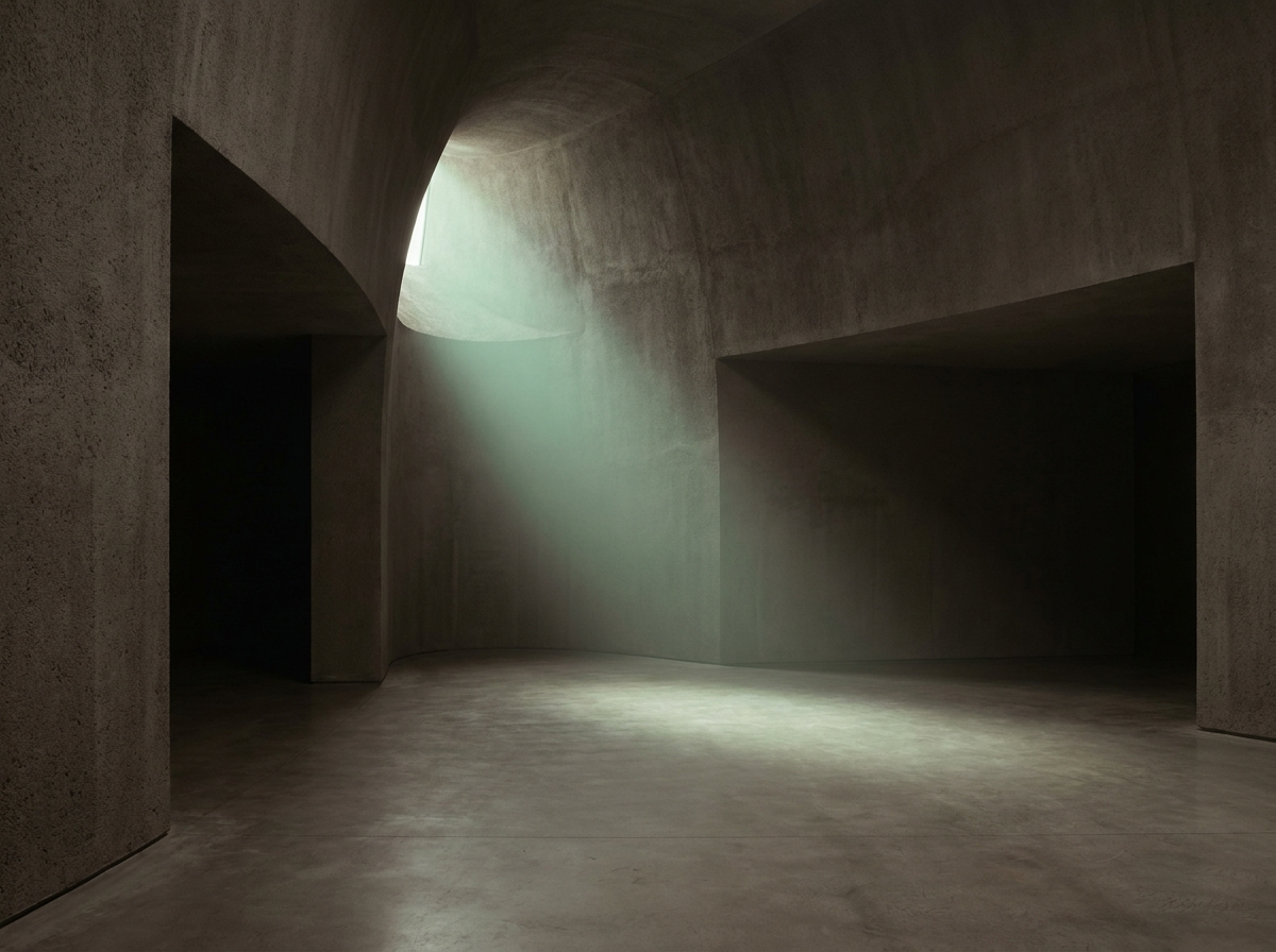 A quiet concrete space with a soft shaft of green-tinted light